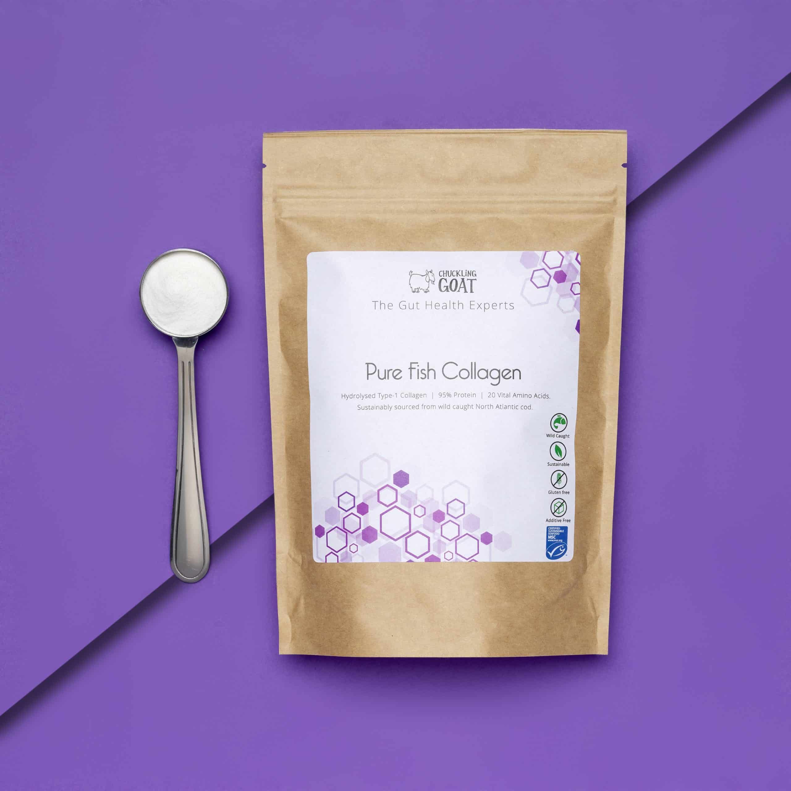 Package of Chuckling Goat Pure Fish collagen next to measuring spoon full of fish collagen powder.