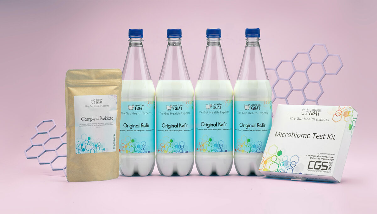 Gut Health Starter Pack from Chuckling Goat - contains Kefir, Complete Prebiotic and a gut microbiome test kit.