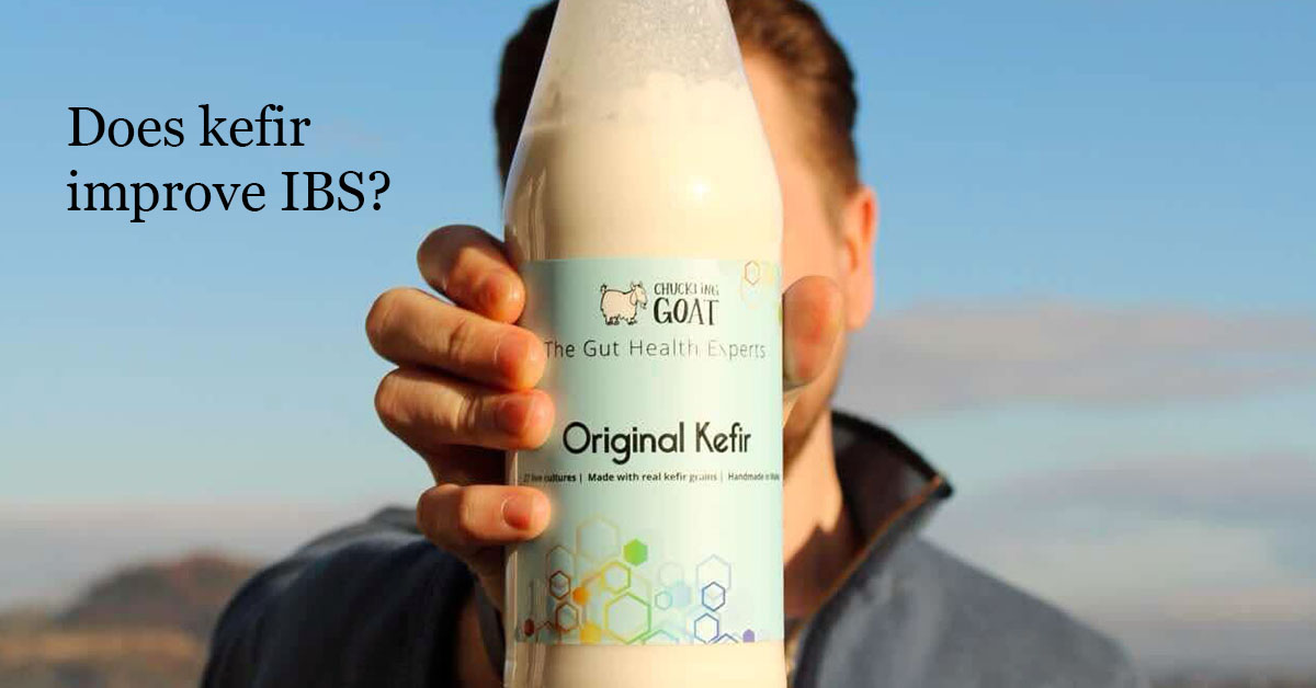 Bottle of Chuckling Goat Original Kefir. Captioned "does kefir improve IBS?"