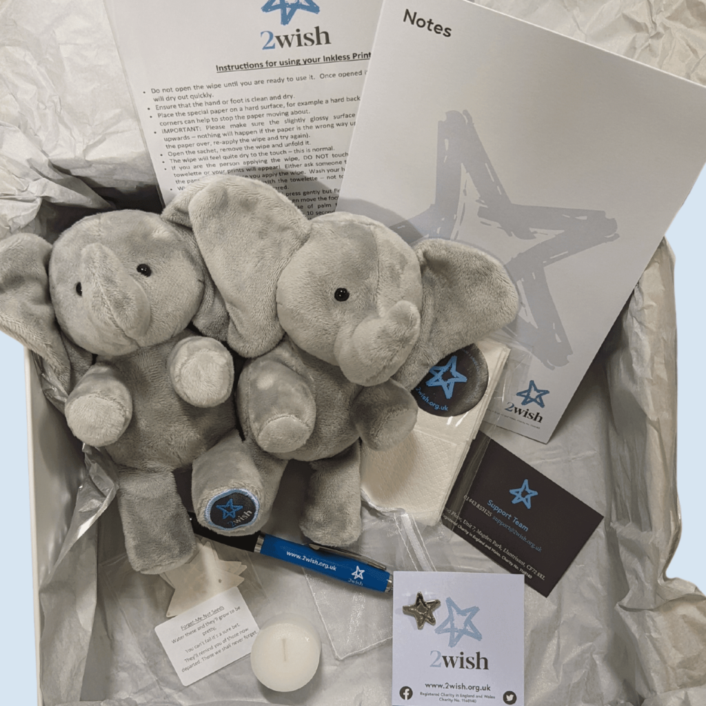 Image of soft elephant teddies as part of 2wish charity memory boxes.