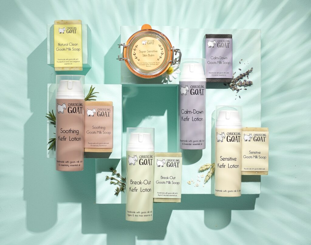 Image of Chuckling Goat's range of natural, probiotic skincare lotions and soaps.