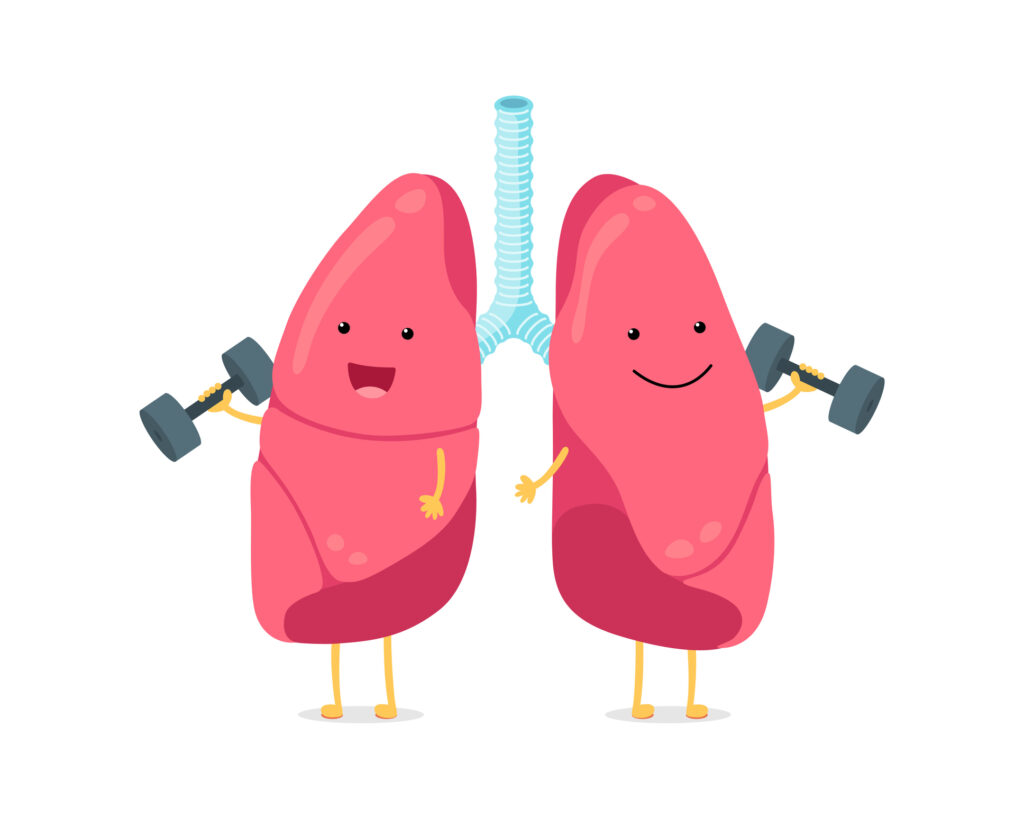 Cartoon image of lungs with smiley faces carrying dumbells