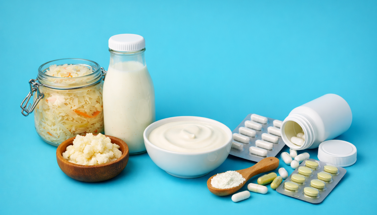 probiotics concept food capsules yogurt kefir solid background