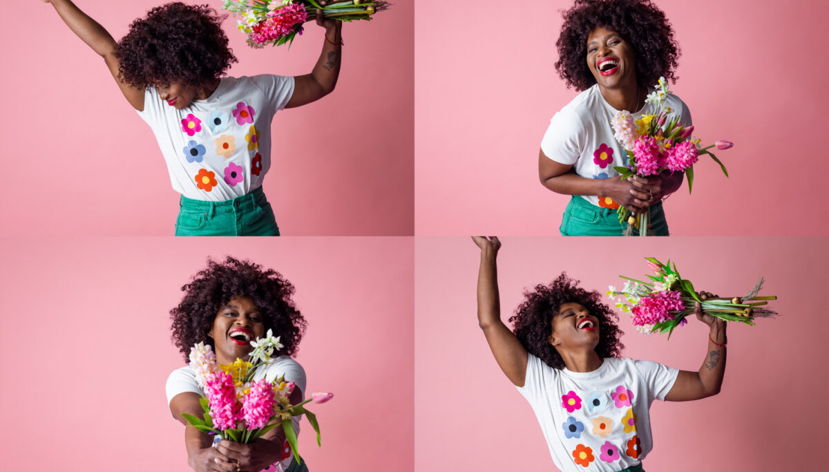 A composite image of portraits of a mid adult woman holding flowers and having fun with them while standing in front of a pink background.