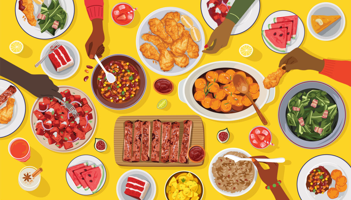 Family meal, sat around table, eating feast