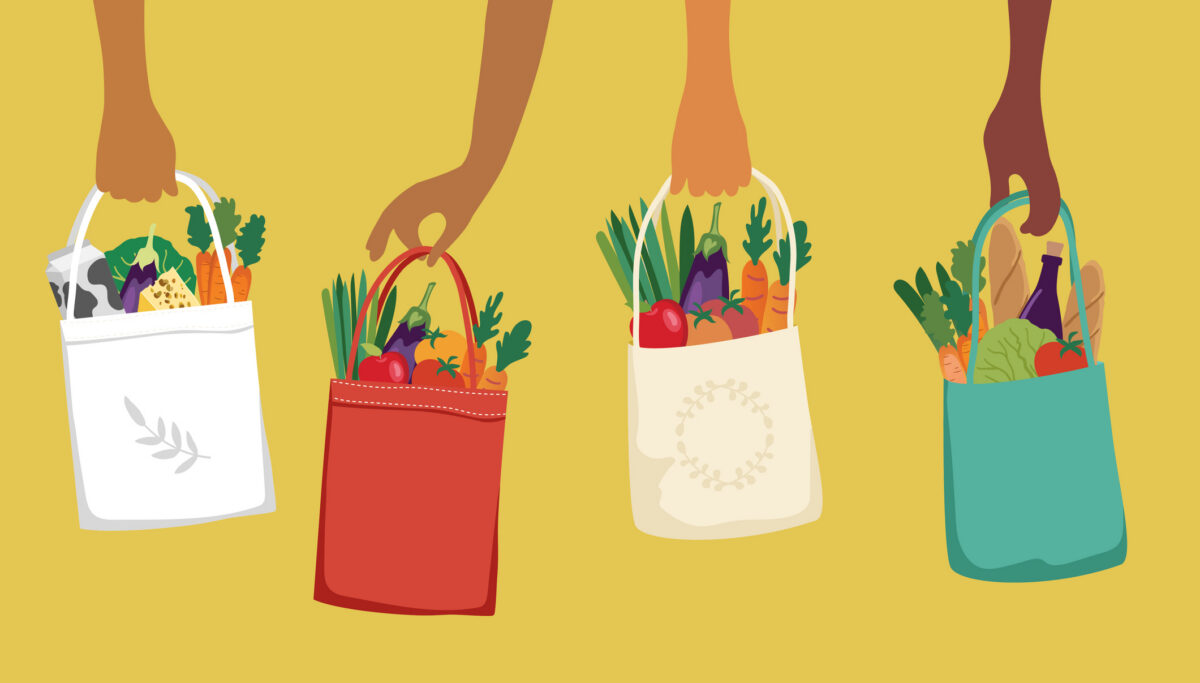 Diverse hands holding grocery bags. Helping the community foodbank.