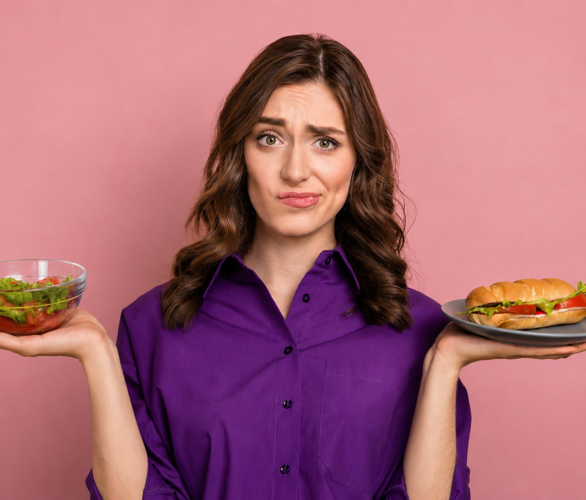 Photo of doubtful lady, confused about diet holding food on isolated pink background