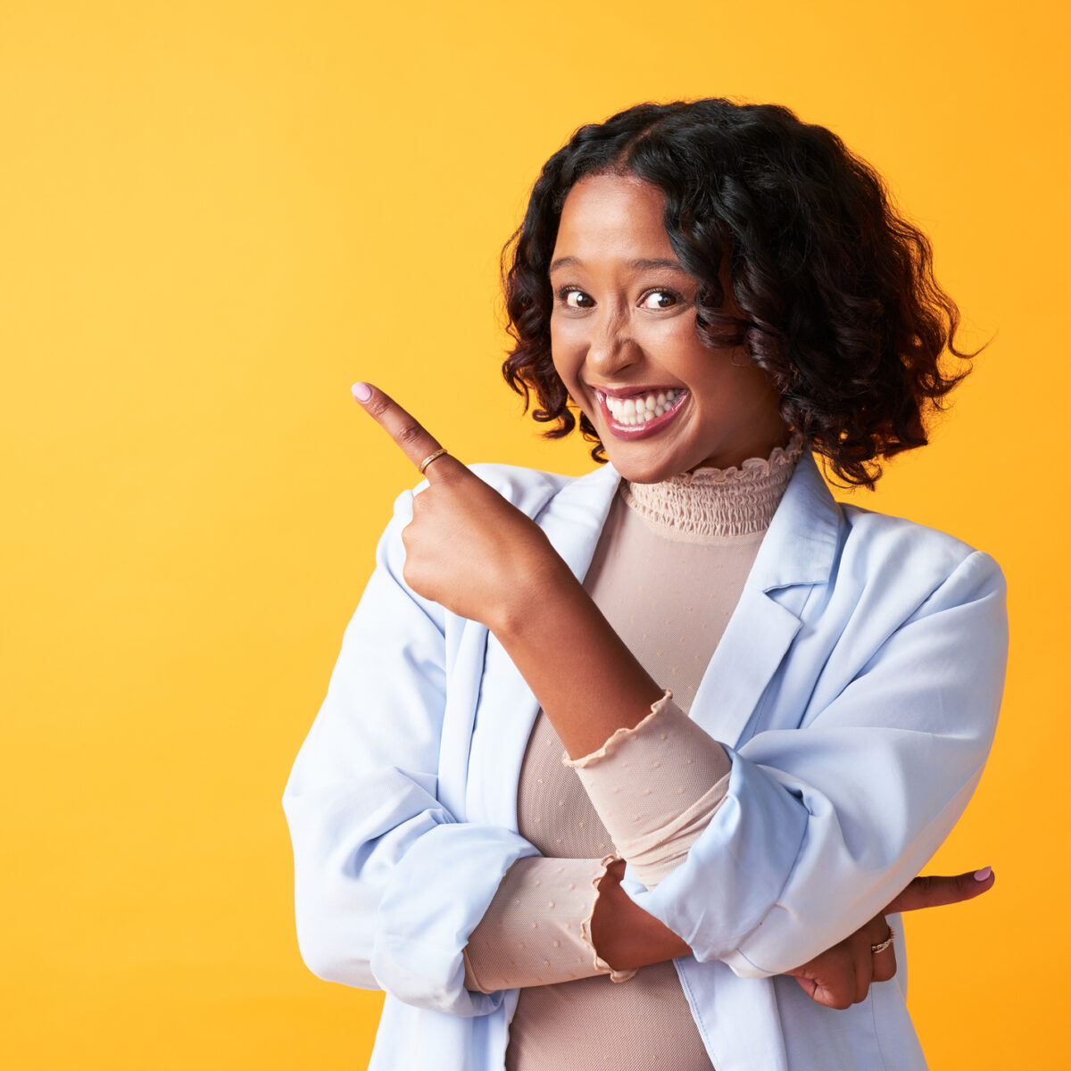 energy tips, pointing upwards, happy female